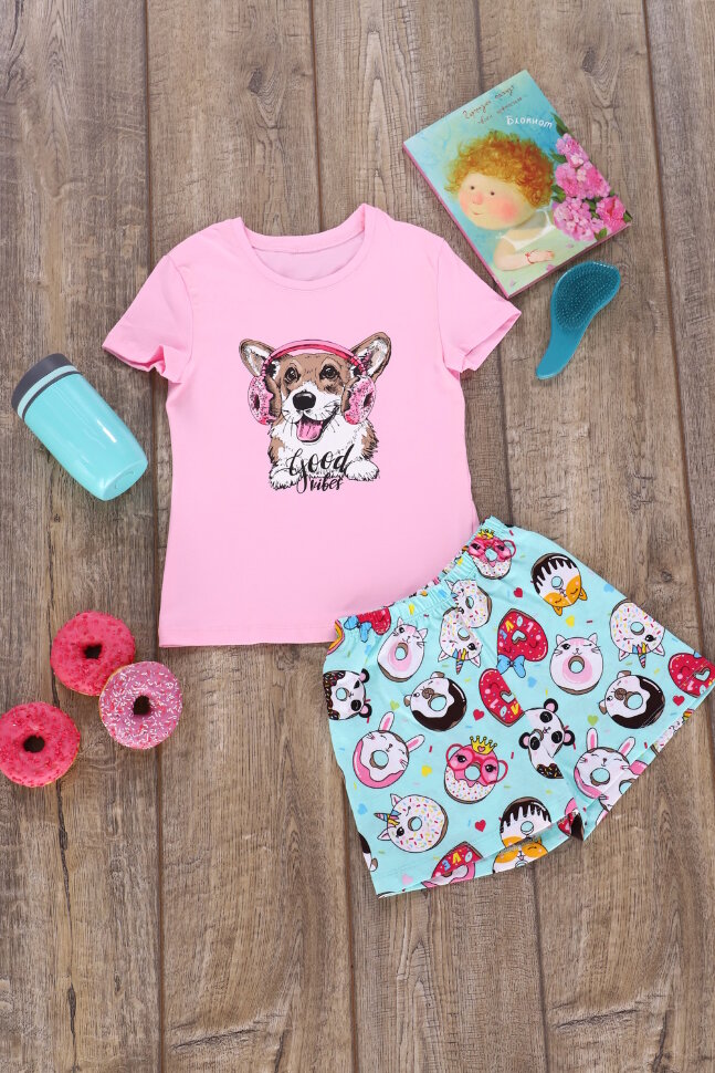 Пижама с шортами для девочки Пончики арт. ПД-009-026 светло-розовый