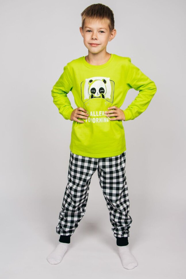 Пижама с брюками для мальчика 92208 салатовый/черная клетка