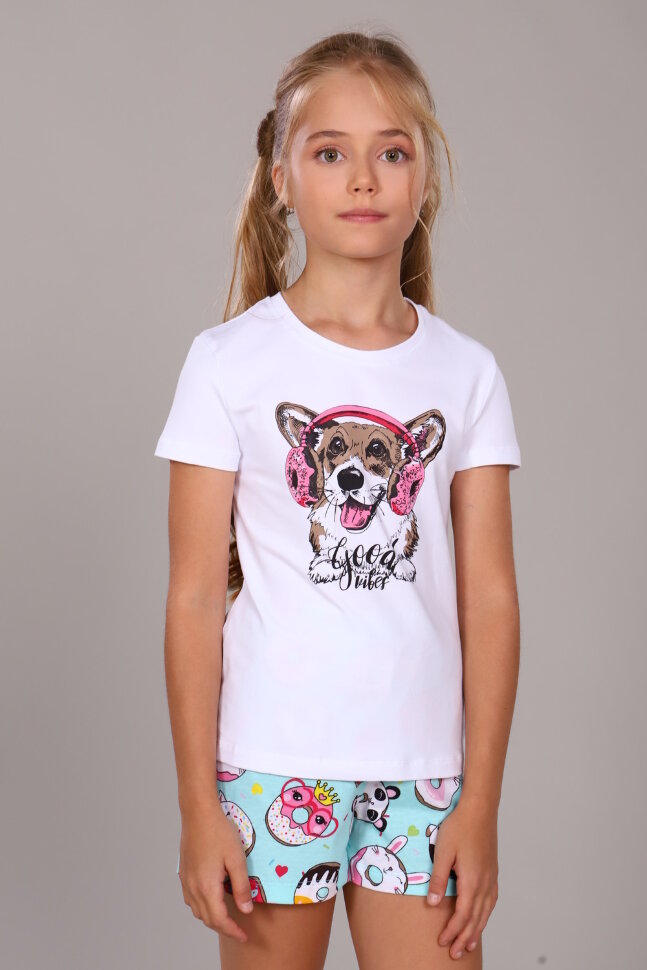 Пижама с шортами для девочки Пончики арт. ПД-009-026 белый