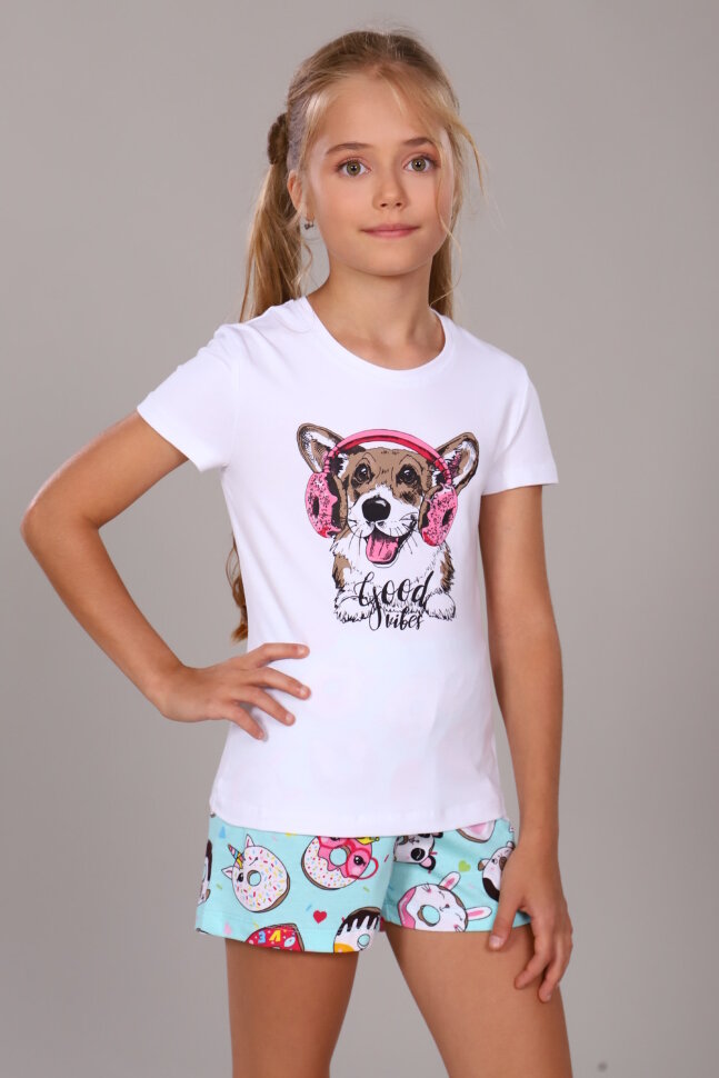 Пижама с шортами для девочки Пончики арт. ПД-009-026 белый