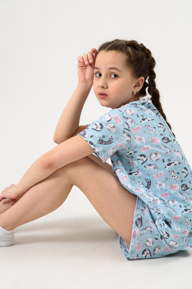 Пижама с шортами для девочки Потеха ментоловый кошки