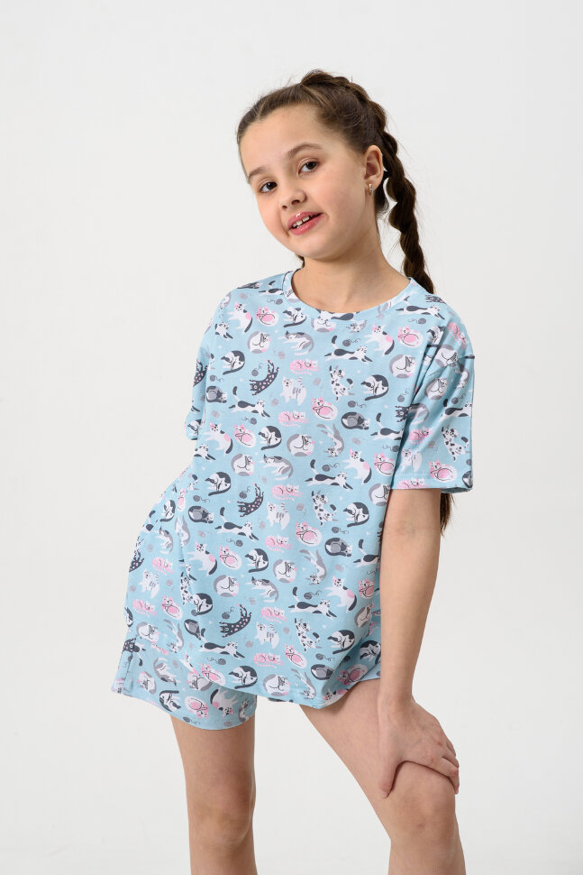 Пижама с шортами для девочки Потеха ментоловый кошки