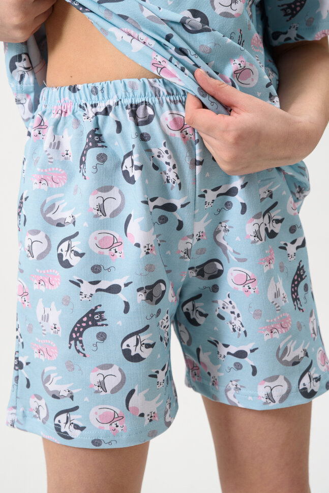 Пижама с шортами для девочки Потеха ментоловый кошки