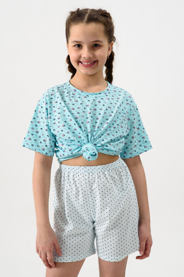 Пижама с шортами для девочки Потеха Бирюзовый Листочки