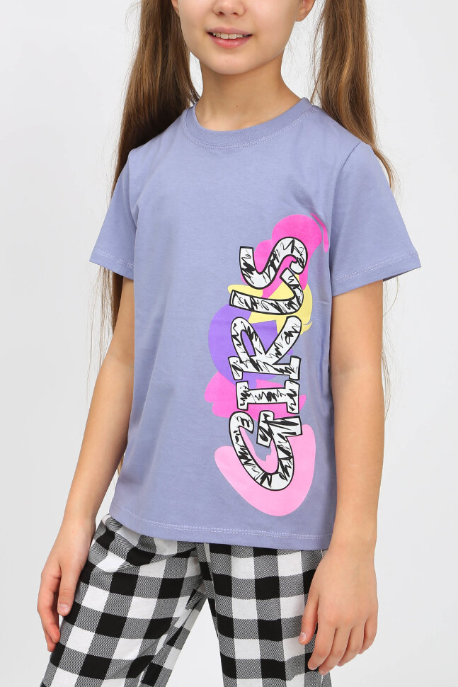 Пижама с брюками для девочки 91240 для девочки (футболка, брюки) голубой/черная клетка