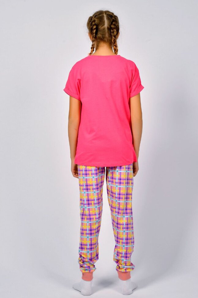 Пижама с брюками для девочки 91226 ярко-розовый/розовая клетка