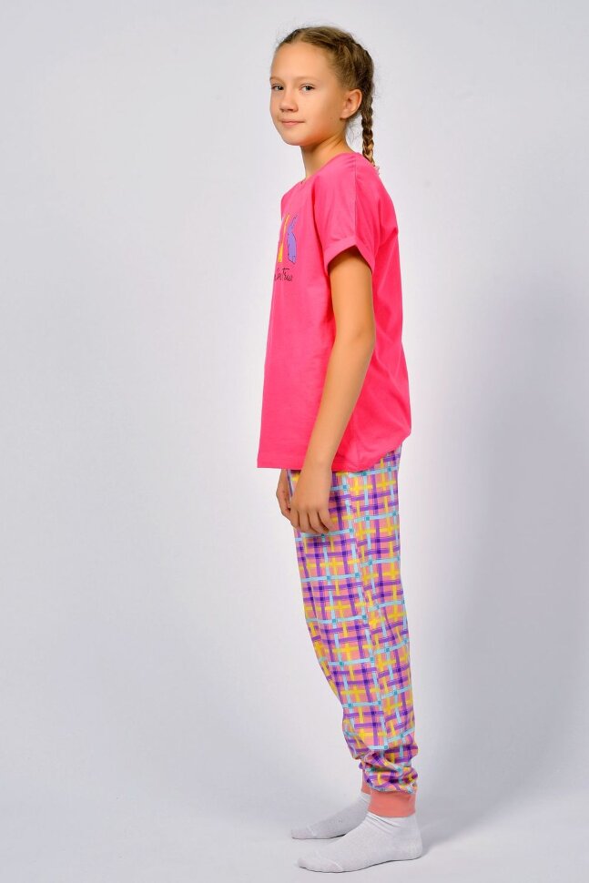 Пижама с брюками для девочки 91226 ярко-розовый/розовая клетка