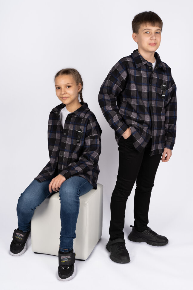 Детская рубашка для мальчика 62278 серо-синяя клетка