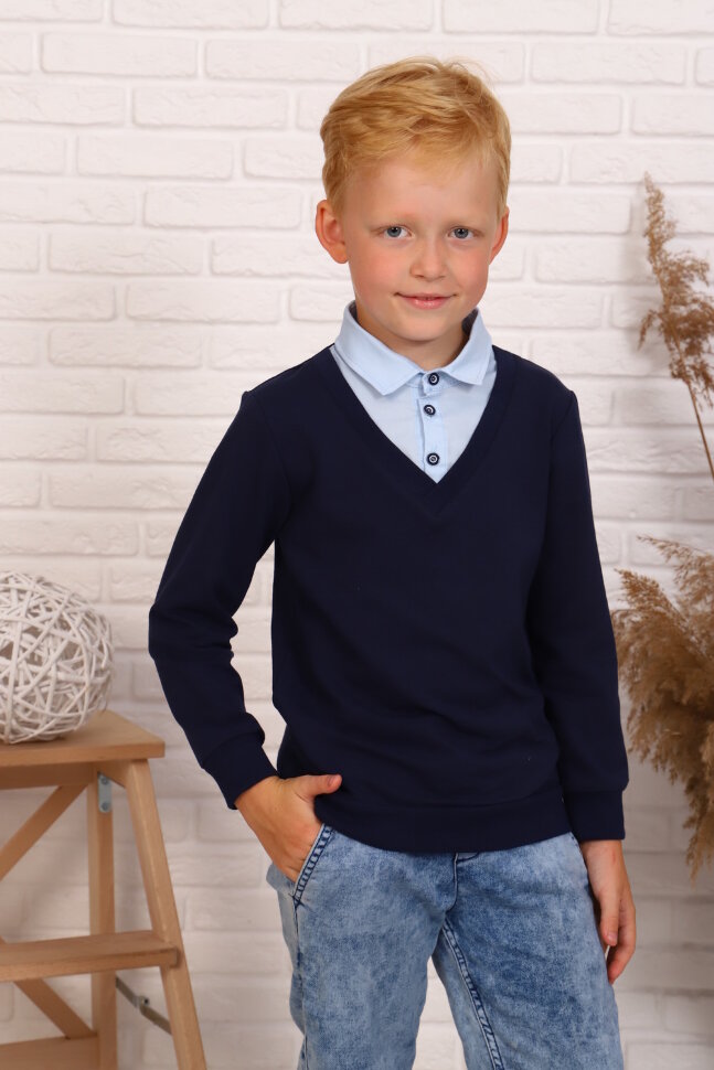 Детский джемпер для мальчика Обманка школа длинный рукав голубой+темно-синий