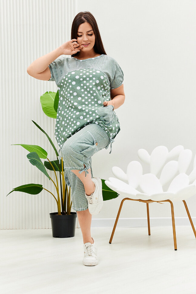 Женский костюм с бриджами 9204 полоса горох хаки