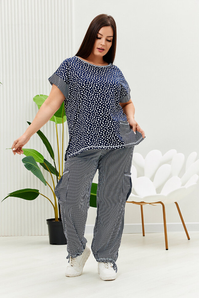 Женский костюм с брюками 9206 полоса горошек