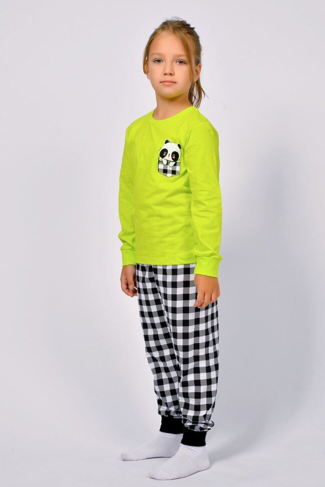 Пижама с брюками для девочки 91220 салатовый/черная клетка