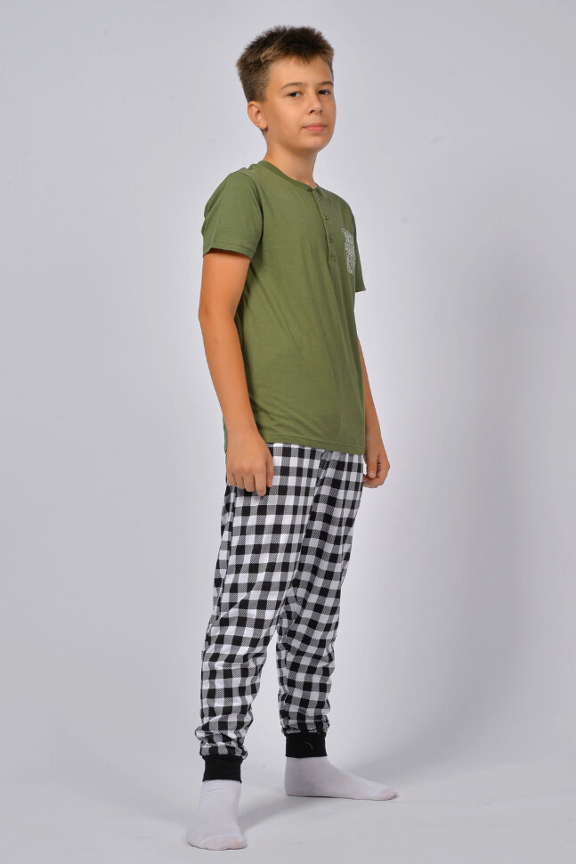 Пижама с брюками для мальчика 92219 хаки/черная клетка