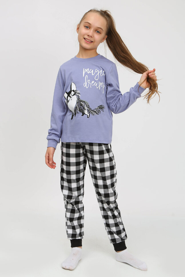 Пижама с брюками для девочки 91238 для девочки (джемпер, брюки) голубой/черная клетка