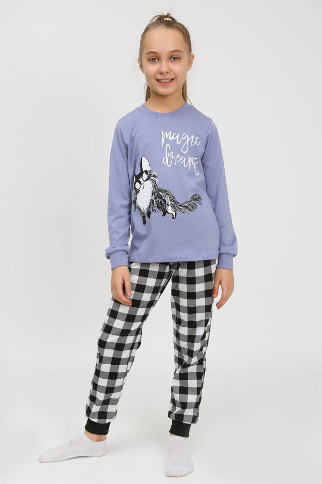 Пижама с брюками для девочки 91238 для девочки (джемпер, брюки) голубой/черная клетка