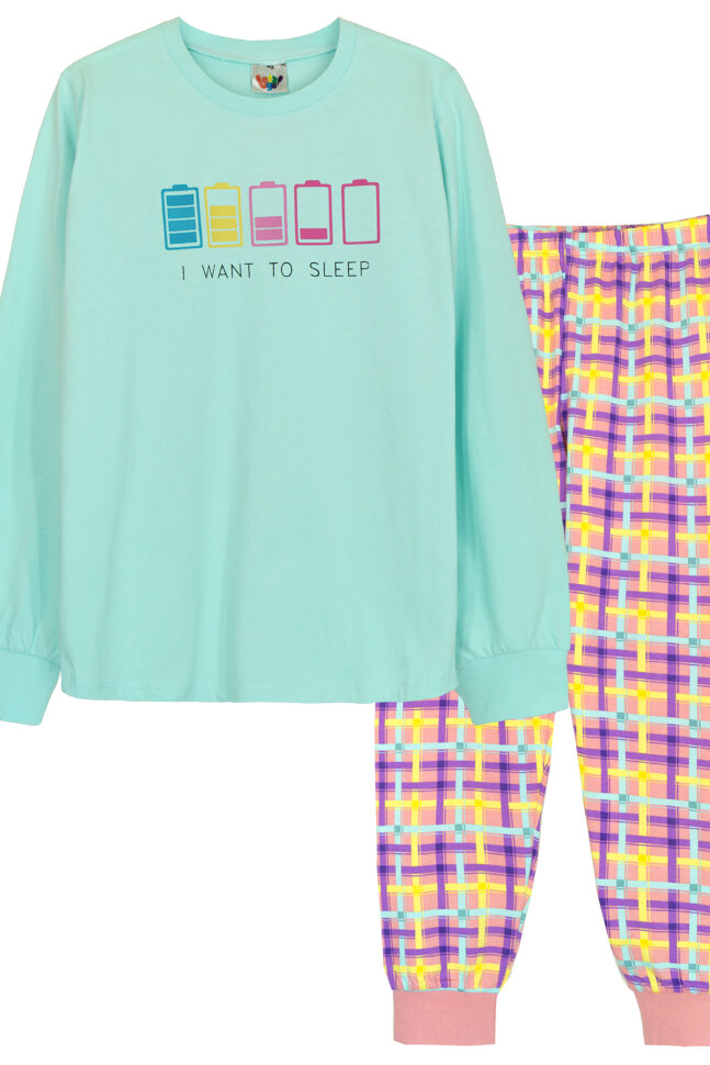 Пижама с брюками для девочки 91227 мятный/розовая клетка