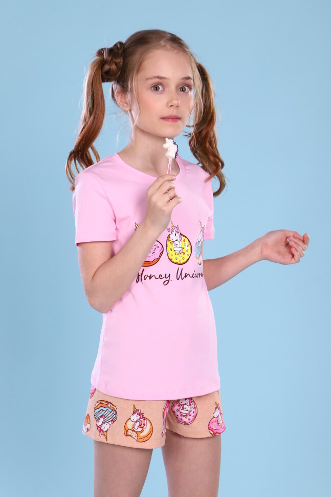 Пижама с шортами для девочки Единороги арт. ПД-009-043 розово-бежевый
