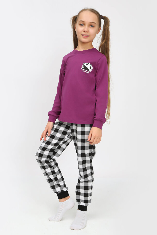 Детская пижама с брюками 91239 детская (джемпер, брюки) пурпурный/черная клетка