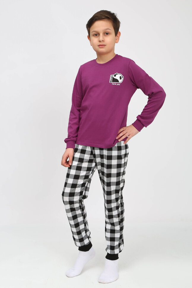 Детская пижама с брюками 91239 детская (джемпер, брюки) пурпурный/черная клетка