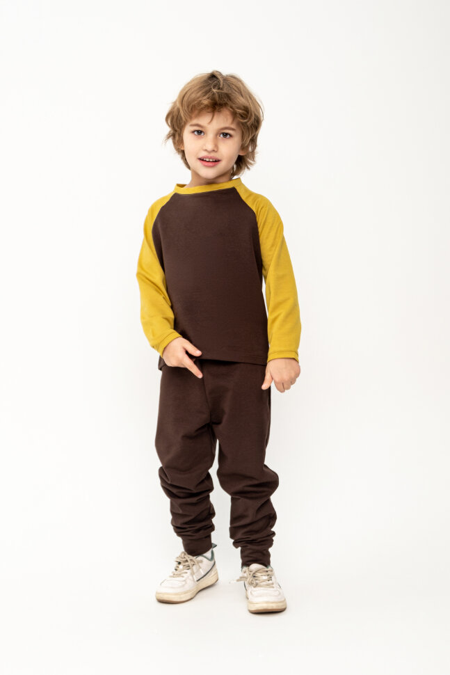 Детский лонгслив для мальчика Элвис шоколадный, горчичный