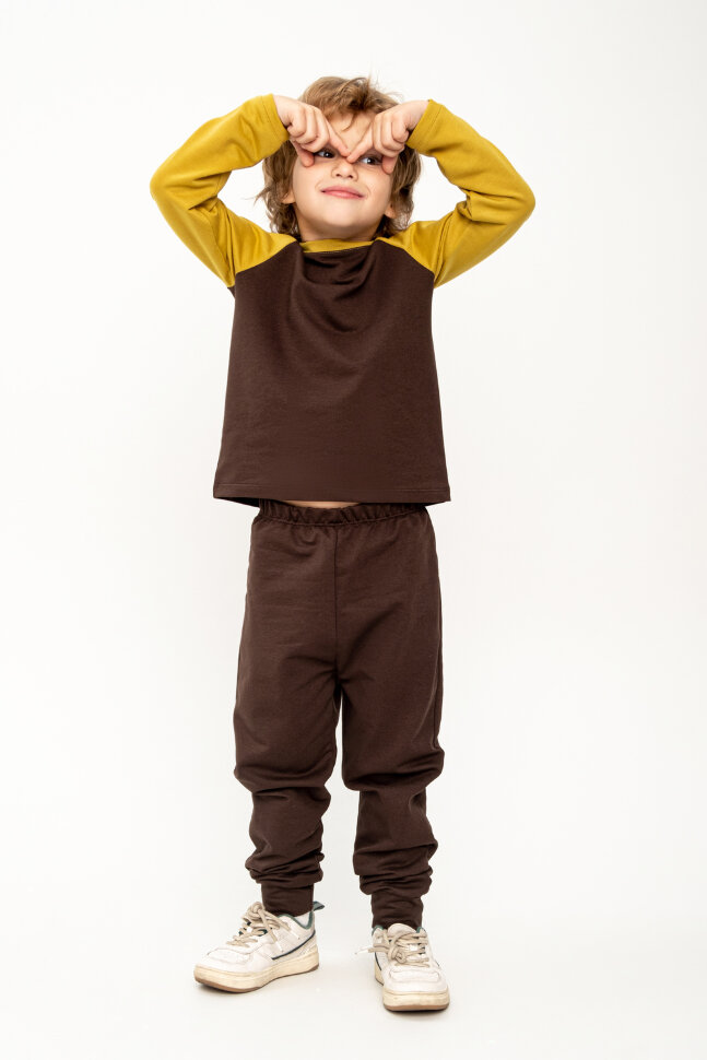 Детский лонгслив для мальчика Элвис шоколадный, горчичный