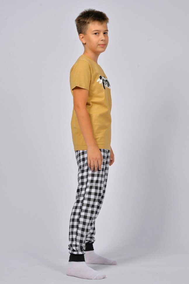 Пижама с брюками для мальчика 92212 песочный/черная клетка